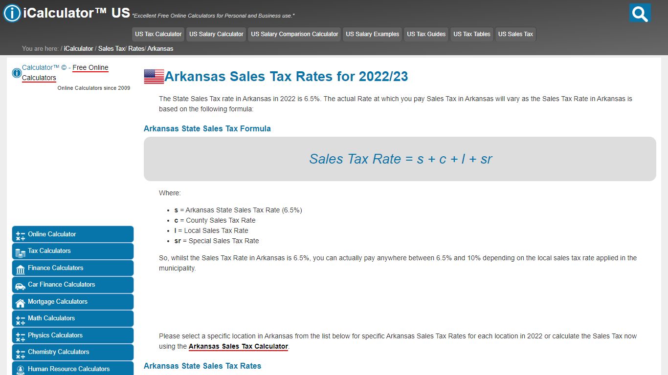 Arkansas Sales Tax Rates | US iCalculator™